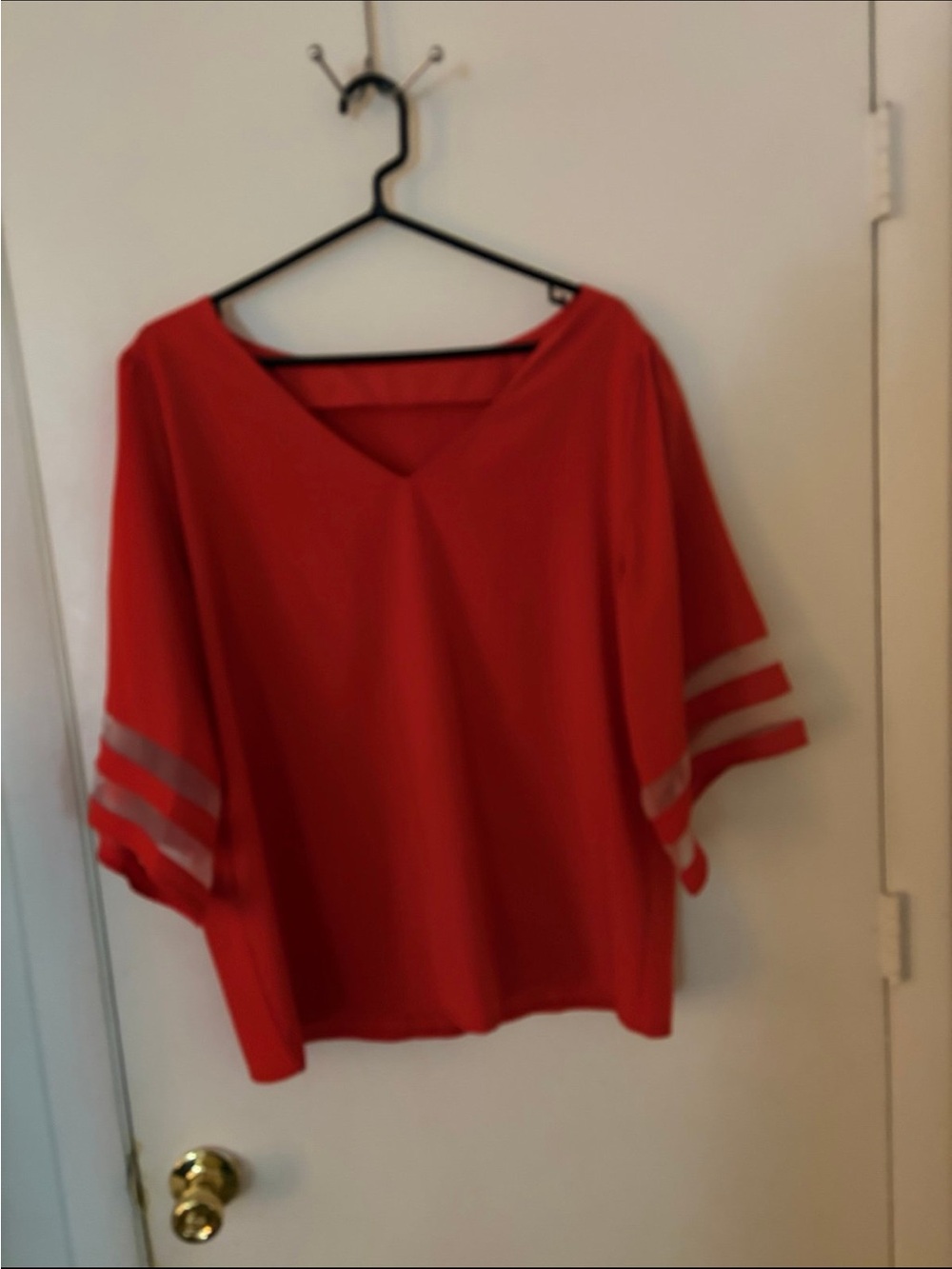 Red V-Neck Women’s Top with Sheer Sleeve Stripes